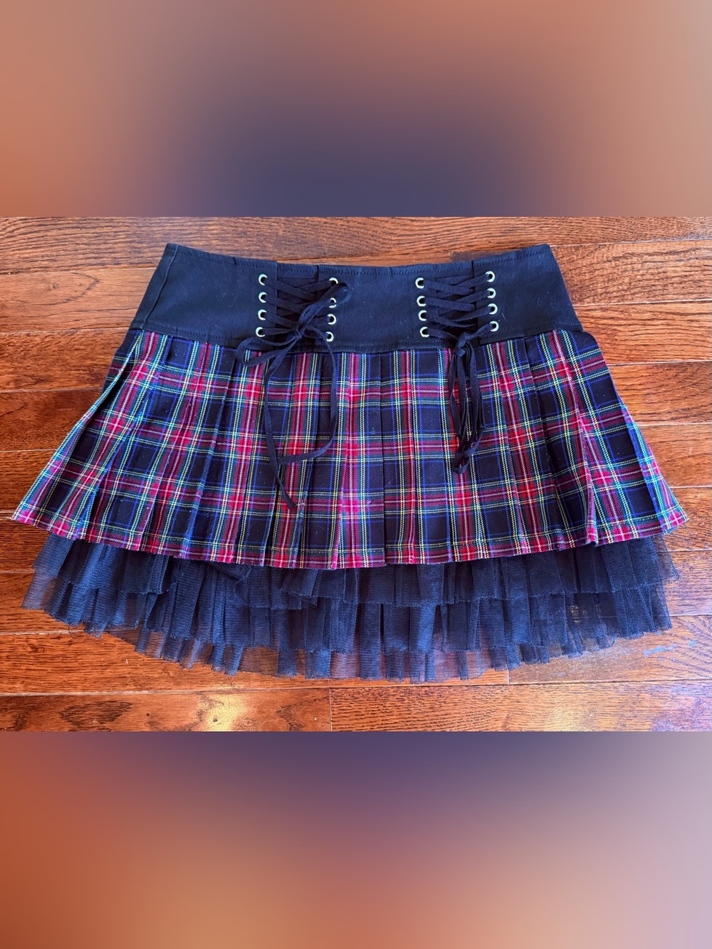 Royal Bones Tripp NYC Red Black Plaid Corset Lace Up Tutu Mini Skirt Goth Y2K S